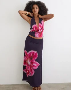Lurina Maxi Skirt in Purple Chiffon with Desert Flower