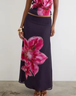 Lurina Maxi Skirt in Purple Chiffon with Desert Flower