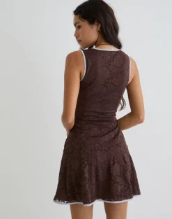 Luscian Mini Dress in Lace Chocolate with Blue Binding