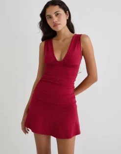 Luscian Plunge Mini Dress in Red with Black Micro Polka Print
