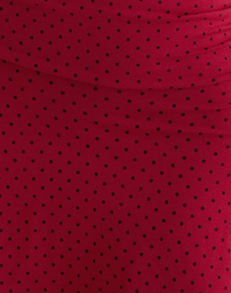 Luscian Plunge Mini Dress in Red with Black Micro Polka Print