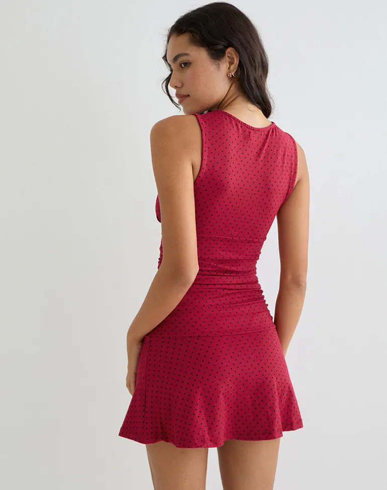Luscian Plunge Mini Dress in Red with Black Micro Polka Print