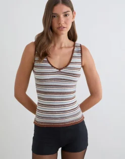 Lycia Plunge Top in Knit Stripe Blue and Brown