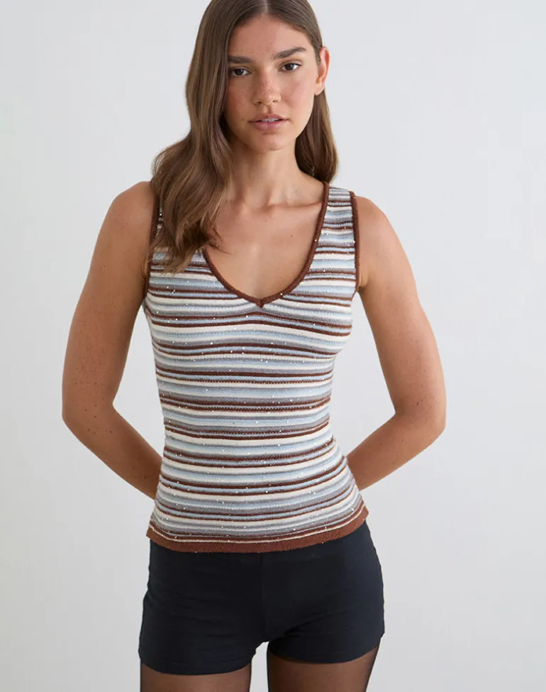 Lycia Plunge Top in Knit Stripe Blue and Brown