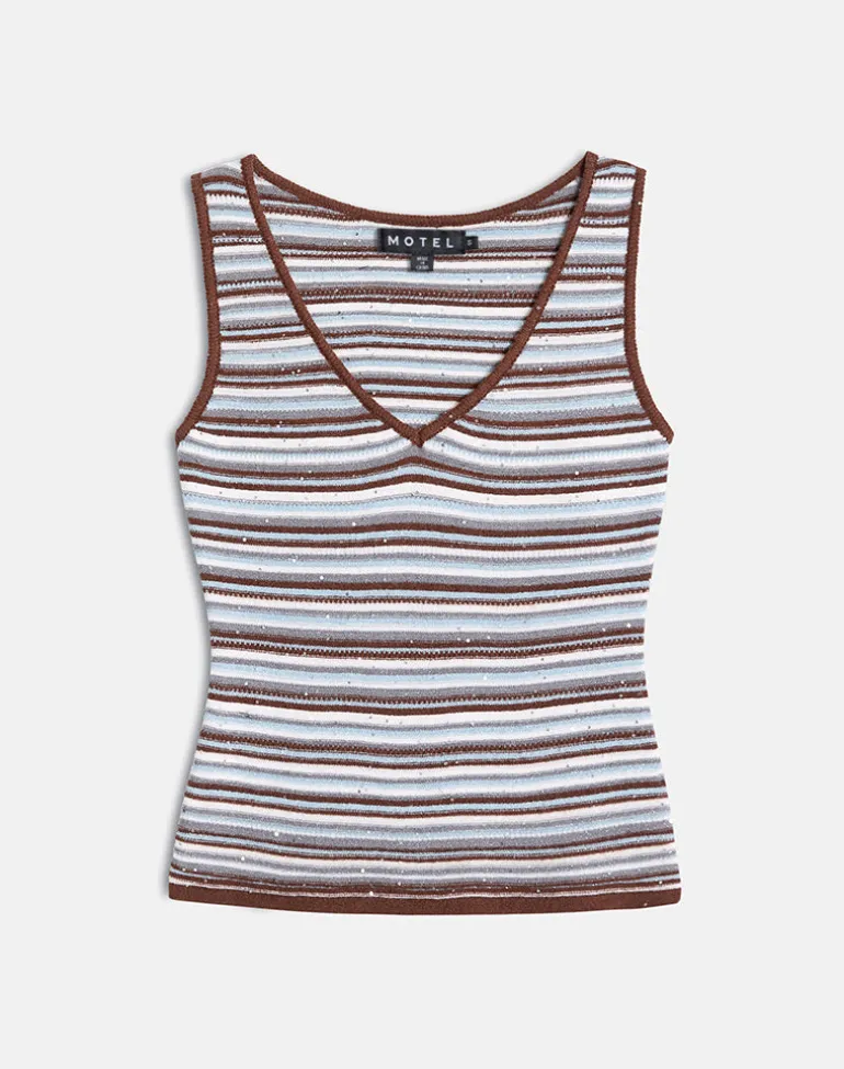 Lycia Plunge Top in Knit Stripe Blue and Brown