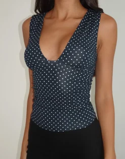 Lycia Plunge Top in Micro Polka Navy