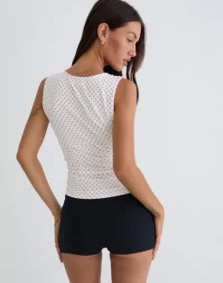 Lycia Plunge Top in White with Red Micro Polka Print