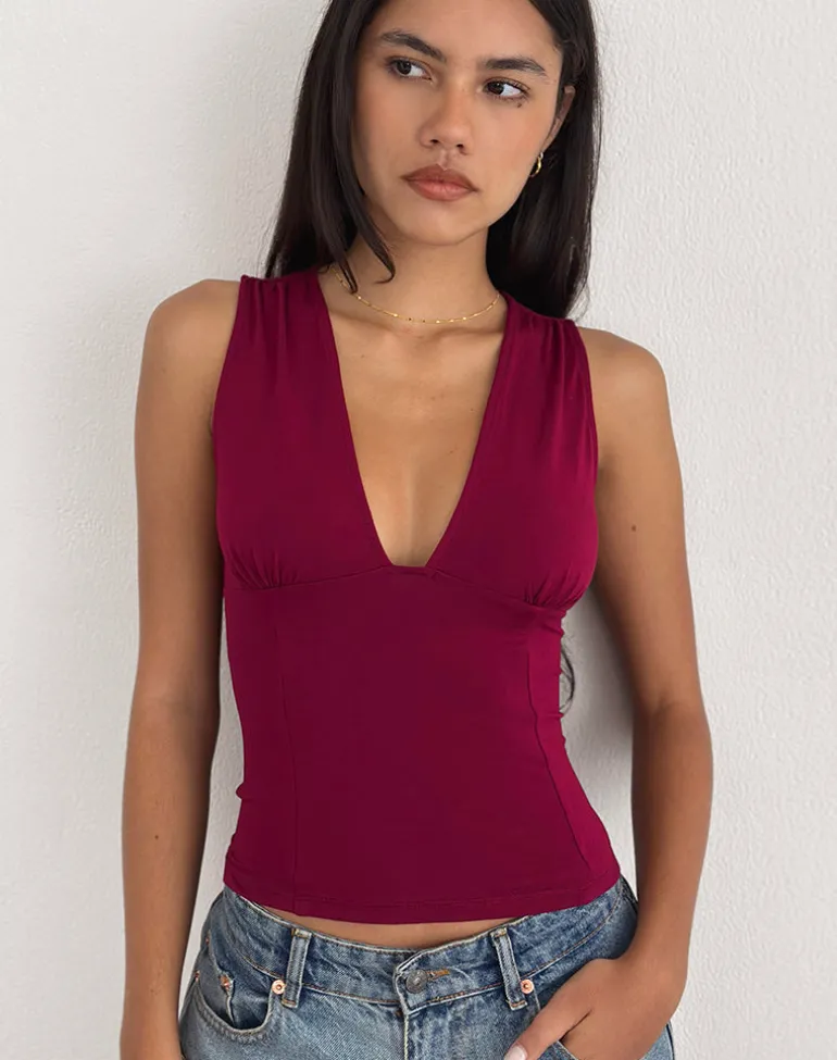 Lynod Plunge Top in Rayon Burgundy
