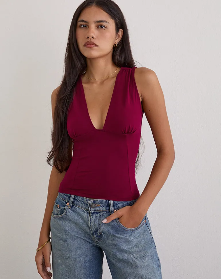 Lynod Plunge Top in Rayon Burgundy