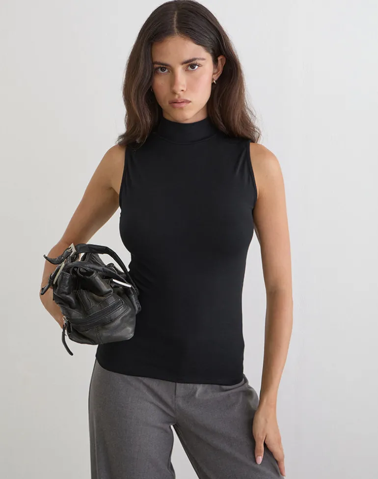 Lysan High Neck Vest Top in Jersey Black