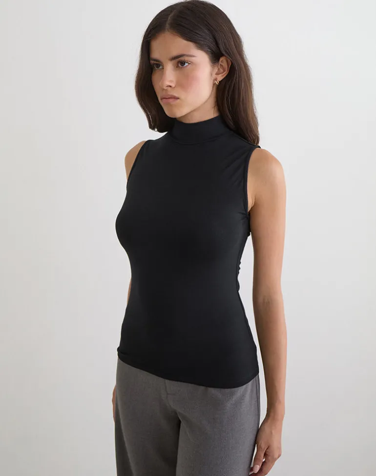 Lysan High Neck Vest Top in Jersey Black