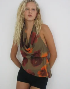 Mahda Top in Chiffon Petals Script Olive