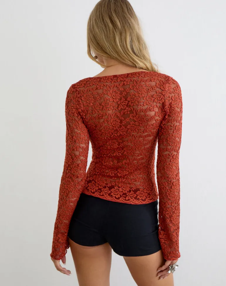 Mahota Deep Plunge Long Sleeve Top in Lace Mesh Brick