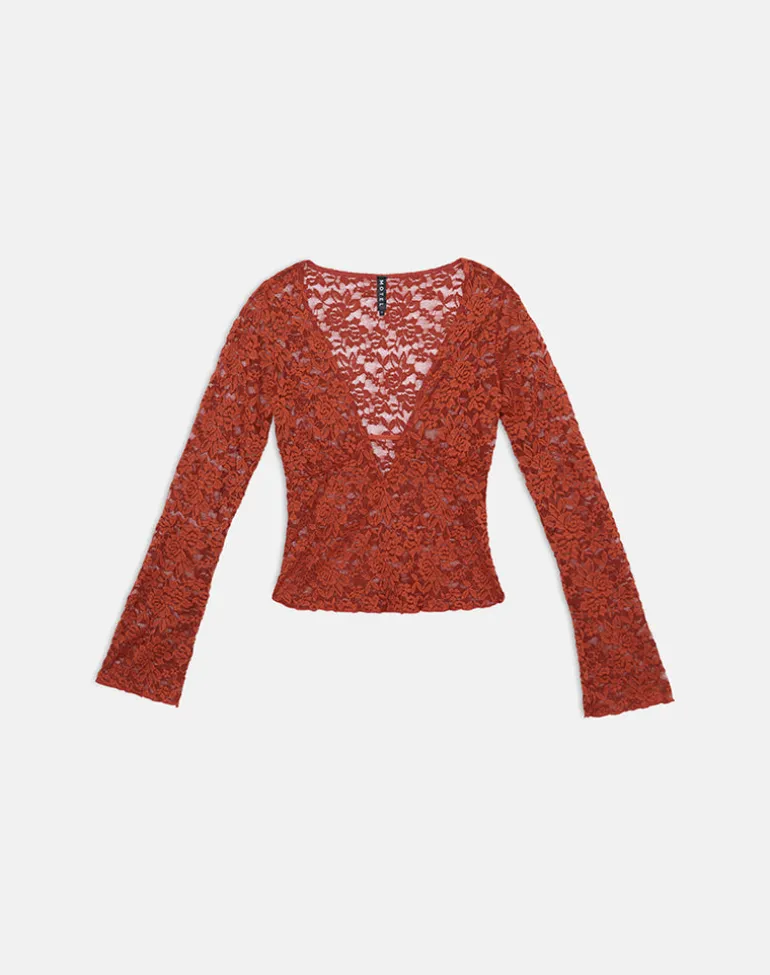 Mahota Deep Plunge Long Sleeve Top in Lace Mesh Brick