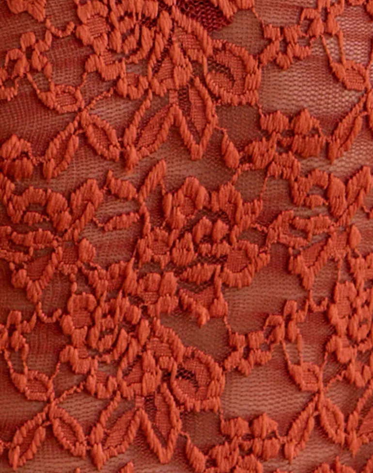 Mahota Deep Plunge Long Sleeve Top in Lace Mesh Brick