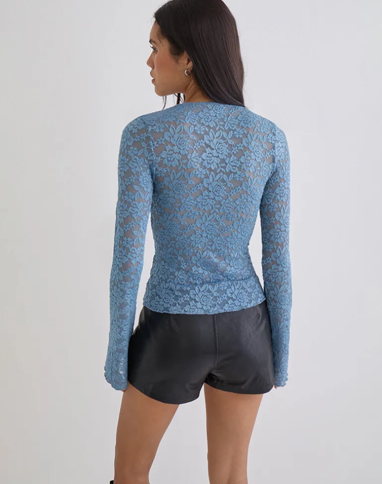 Mahota Deep Plunge Long Sleeve Top in Dark Blue Lace
