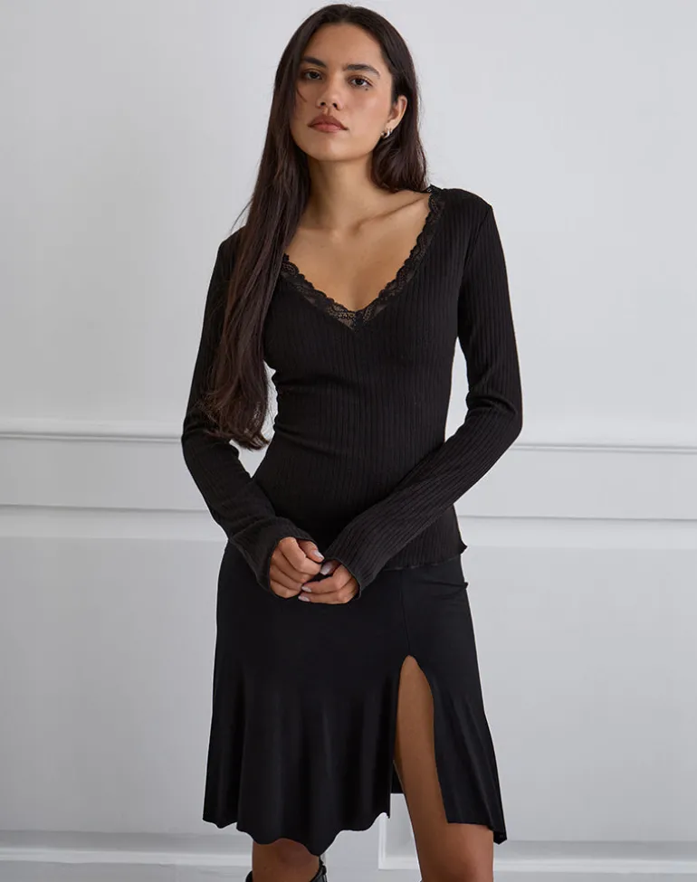 Maivi Long Sleeve Top in Black with Lace Trim