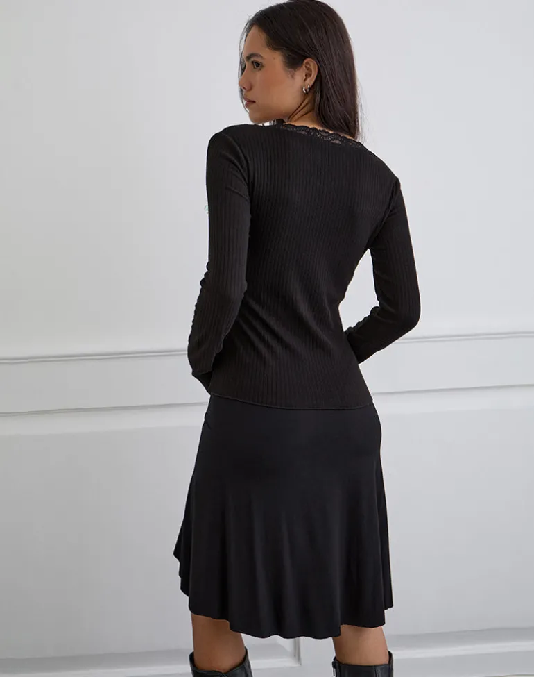 Maivi Long Sleeve Top in Black with Lace Trim