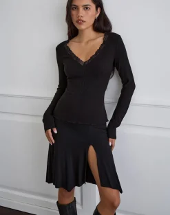 Maivi Long Sleeve Top in Black with Lace Trim