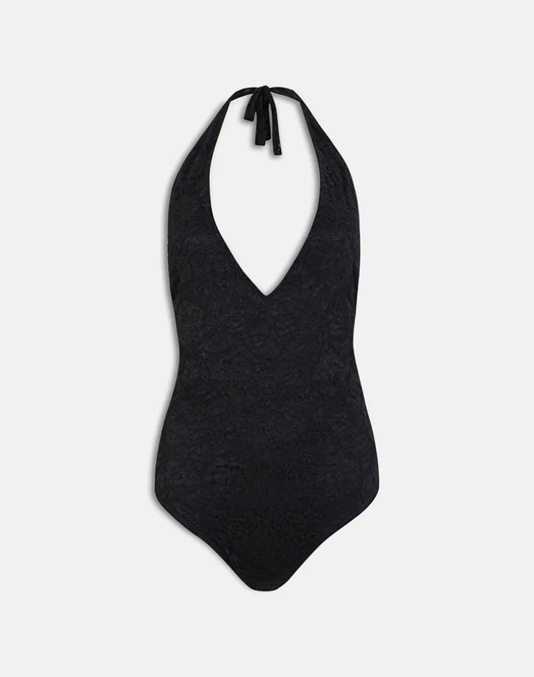 Maizy Halterneck Bodysuit in Black Floral Lace
