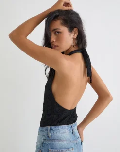 Maizy Halterneck Bodysuit in Black Floral Lace