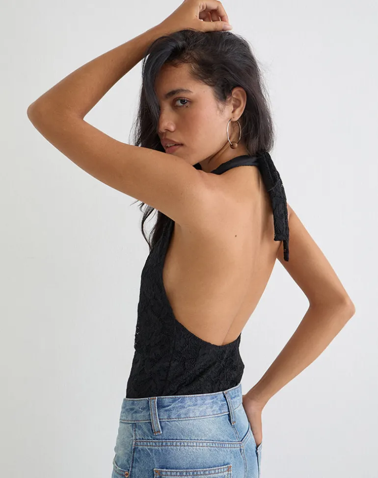 Maizy Halterneck Bodysuit in Black Floral Lace