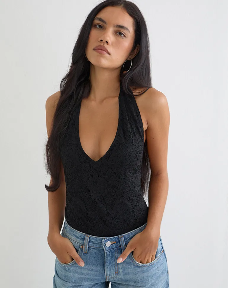 Maizy Halterneck Bodysuit in Black Floral Lace