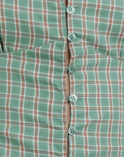 Malsa Scoop Button Blouse in Teal Check