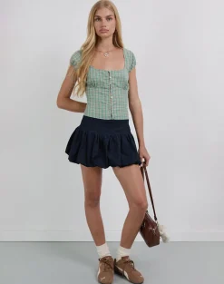 Malsa Scoop Button Blouse in Teal Check