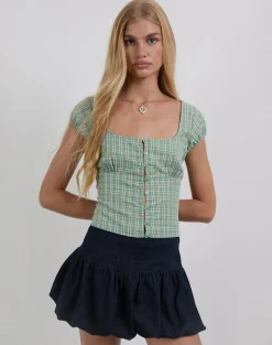 Malsa Scoop Button Blouse in Teal Check
