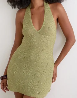 Malvara Halterneck Mini Dress in Sequin Knit Green