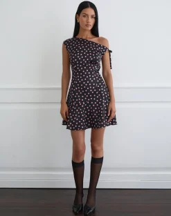 Maribel Mini Dress in Black Satin Scattered with Pink Polka