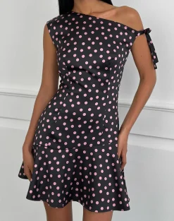 Maribel Mini Dress in Black Satin Scattered with Pink Polka