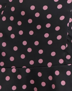 Maribel Mini Dress in Black Satin Scattered with Pink Polka