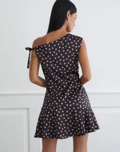 Maribel Mini Dress in Black Satin Scattered with Pink Polka