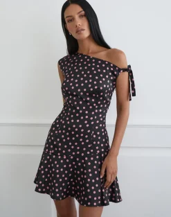 Maribel Mini Dress in Black Satin Scattered with Pink Polka