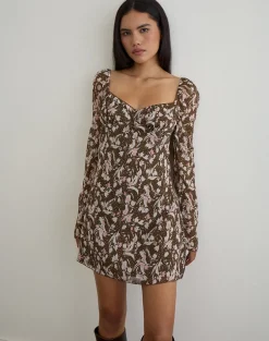 Mariko Dress in Brown and Pink Polka Flower Chiffon