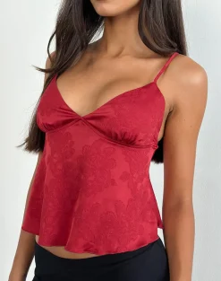 Marinda Top in Satin Jacquard Burgundy