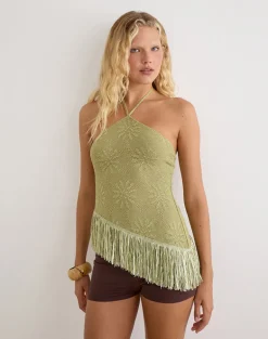 Masina Top With Fringe Hem in Sequin Knit Green