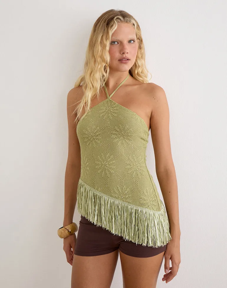 Masina Top With Fringe Hem in Sequin Knit Green