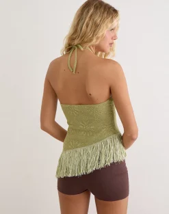 Masina Top With Fringe Hem in Sequin Knit Green