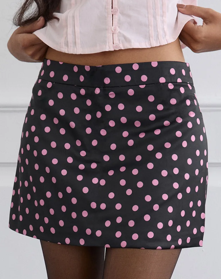 Maula Mini Skirt in Black Satin Scattered with Pink Polka
