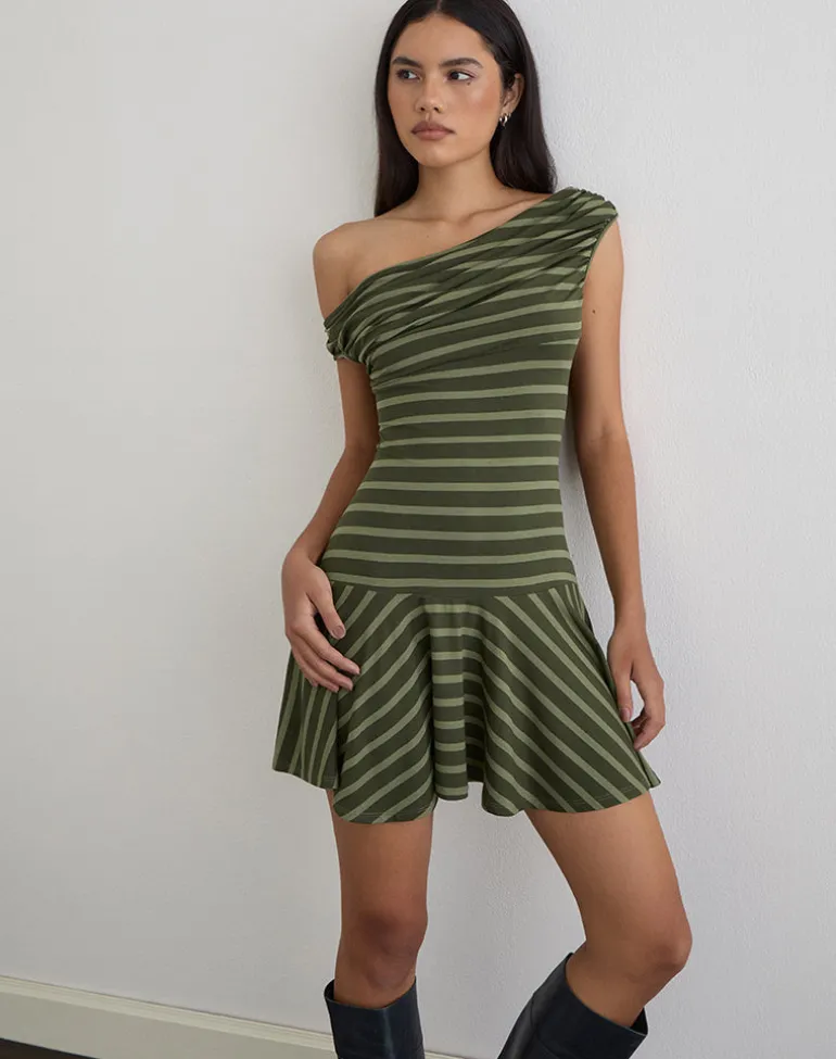 Mausari Mini Dress in Wide Stripe Green