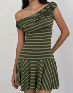 Mausari Mini Dress in Wide Stripe Green