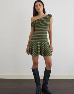 Mausari Mini Dress in Wide Stripe Green