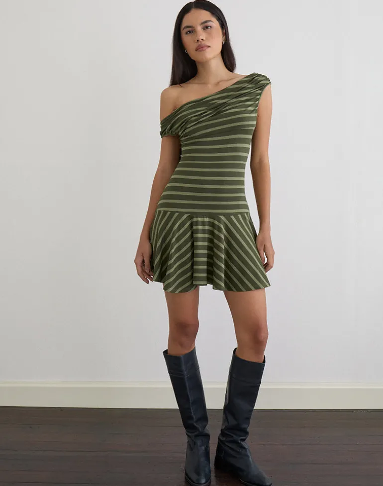 Mausari Mini Dress in Wide Stripe Green