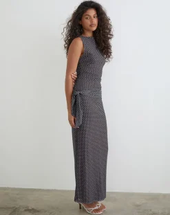 Mawa Maxi Dress in Brown with Compact Blue Polka Dots