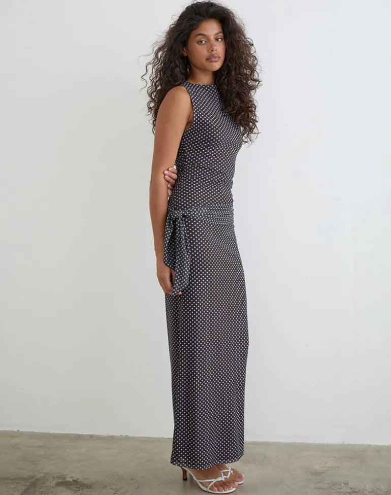 Mawa Maxi Dress in Brown with Compact Blue Polka Dots
