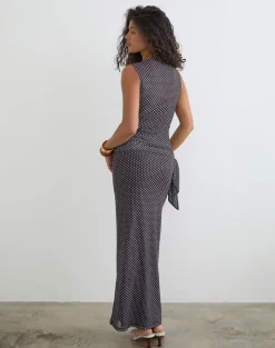 Mawa Maxi Dress in Brown with Compact Blue Polka Dots