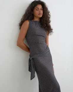 Mawa Maxi Dress in Brown with Compact Blue Polka Dots